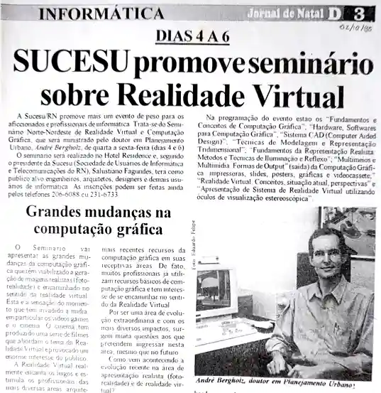 Jornal de Natal, Informática — “SUCESU promove seminário sobre Realidade Virtual” e “Grandes mudanças na computação gráfica”
