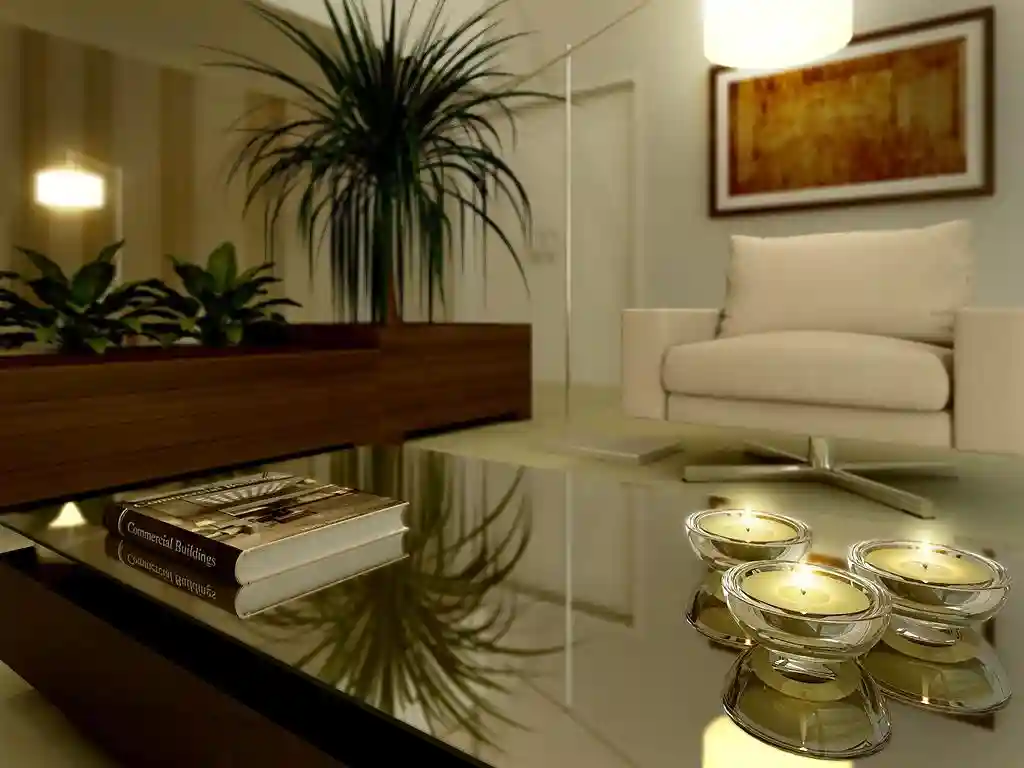 Render de sala de estar com poltrona, mesa de centro e velas