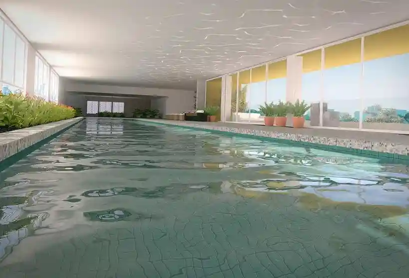 Render de piscina coberta com raia longa