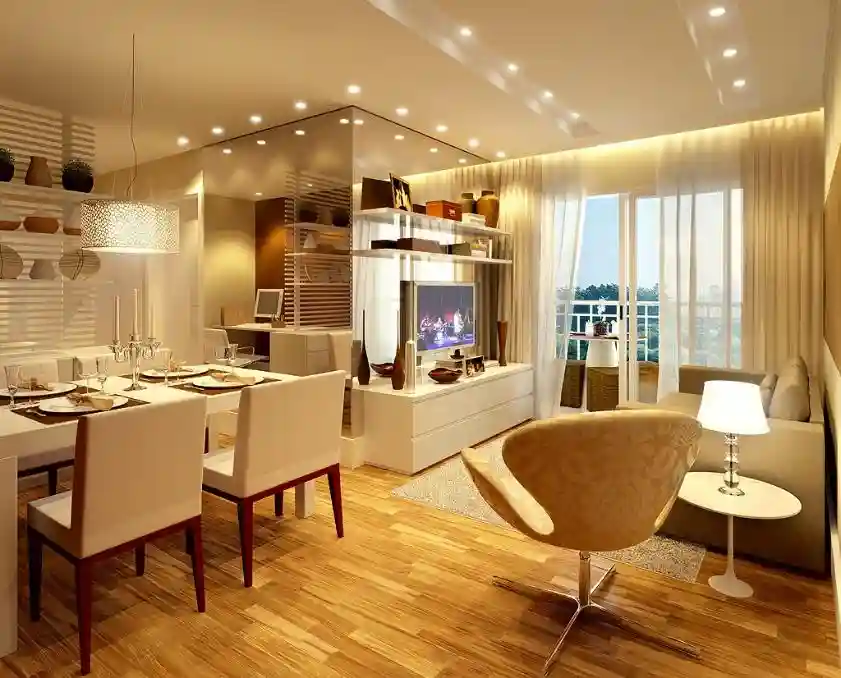 Render de sala de estar e jantar integradas