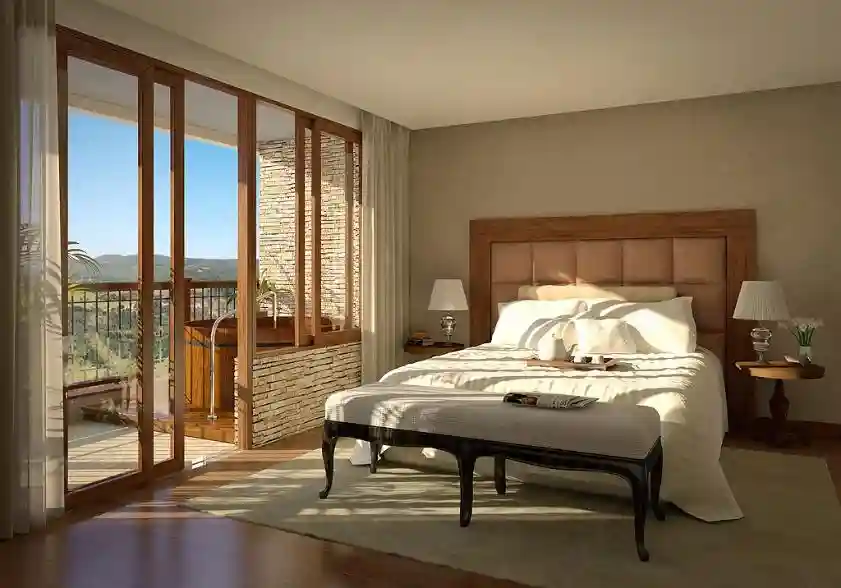 Render de suíte com varanda e vista para a serra