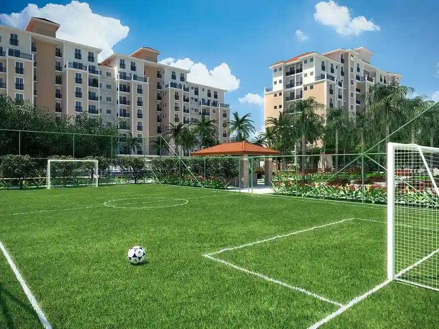 Render de condomínio residencial com campo de futebol