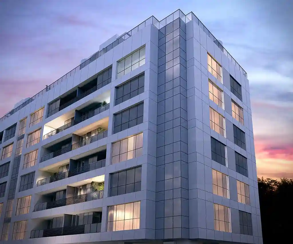 Render da fachada de um edifício residencial ao entardecer