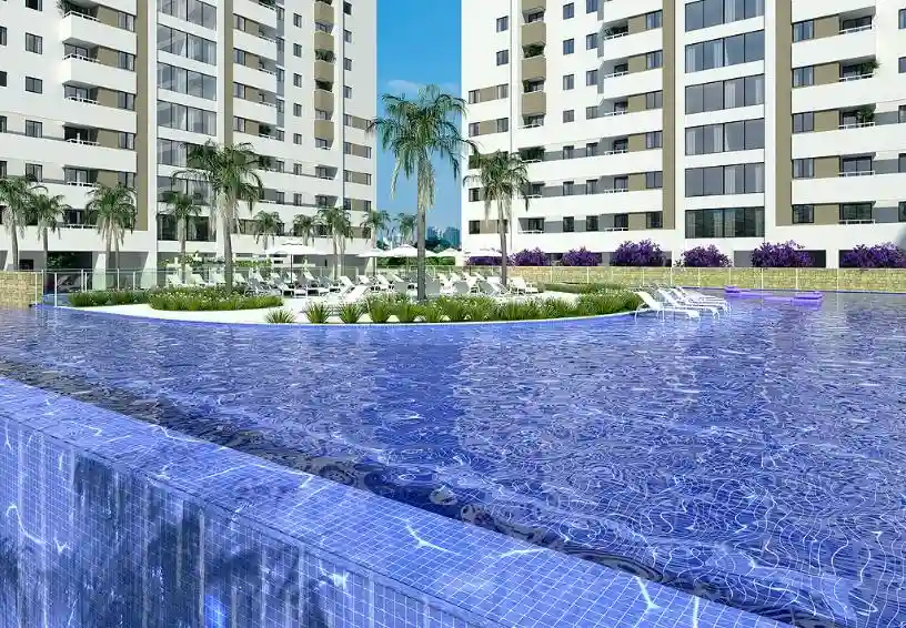 Render de condomínio com grande piscina azul entre os prédios